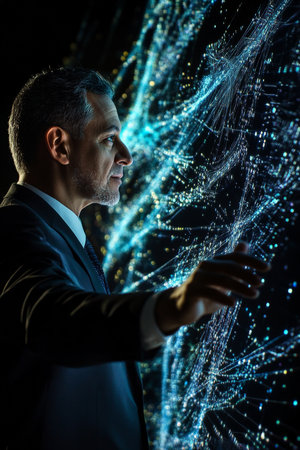 A corporate leader gestures toward holographic global data streams flowing across a sleek black background. The executiveÃ¢â¬â¢s confident expression and dynamic lighting reflect control and mastery over international business networks.の素材