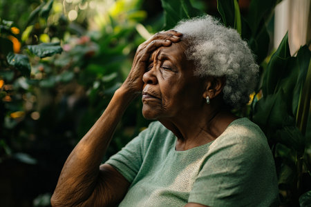 An elderly Black woman sits in her garden, holding her head in a moment of discomfort. The lush greenery behind her contrasts with her struggle, illustrating the complexity of physical experiencing pain amidst nature's beauty.の素材