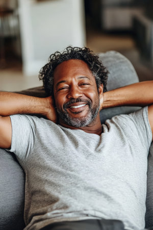 A middle-aged Black man with wavy hair and a well-trimmed beard reclines on a soft couch, smiling widely, his hands behind his head. The serene home ambiance reflects his deep sense of relaxation and ease.の素材