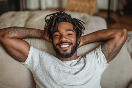 A young African American man with wavy hair and a beard reclines comfortably on a soft couch, smiling widely with his hands behind his head. The cozy setting emphasizes his relaxed mood, enjoying a peaceful moment at home.の素材