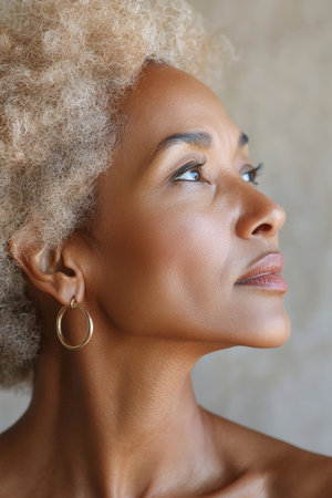 A middle-aged African American woman with golden blonde hair shows off a pair of luxurious earrings. Her ear presses against a smooth beige paper background, creating a captivating contrast between her skin tone and the jewelry.の素材