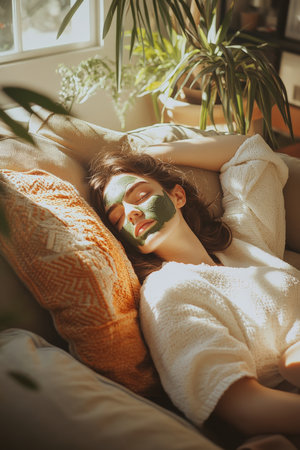 Reclined on a cozy, light-colored sofa, a young woman with a green clay mask rests with her feet up. The room is filled with soft sunlight, cozy throw pillows, and warm tones, creating a calming environment for her skincare routine.の素材