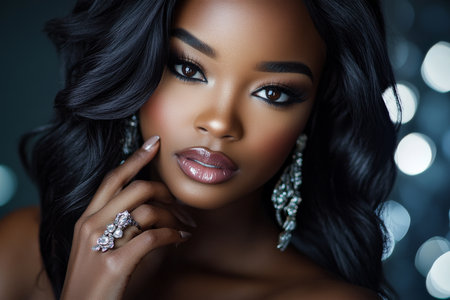 A glamorous young African American woman poses with her wavy hair, adorned with stunning jewelry on her fingers. Her flawless makeup accentuates her beauty, captured in a close-up against a stylish, modern background that enhances her look.の素材