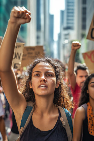 A close-up of migrant protesters with raised fists, their faces determined. They hold signs demanding fair treatment and improved living conditions, with an urban backdrop of high-rise buildings.の素材