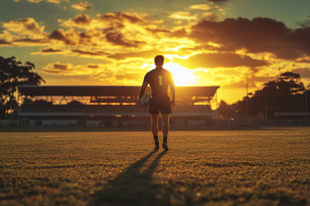 In this evocative scene, a rugby league player holds a rugby ball on an empty field as the sun sets behind the stadium. The warm glow of the sky envelops the player, symbolizing hope and the spirit of the game, while the field awaits the excitement of competition.の素材