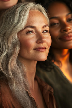 A close-up shot of women of different ages and ethnicities standing together, smiling softly. Warm lighting adds a comforting glow to their faces, emphasizing the beauty of diversity and togetherness.の素材