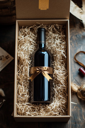 A gift box with a luxurious bottle of red wine, surrounded by decorative shredded paper, with a ribbon tied around the box. The deep red color of the wine stands out as the box is opened.の素材