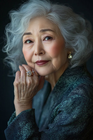 A graceful elderly Japanese woman wears her wavy hair elegantly, showcasing her beautiful rings as she poses. Her makeup enhances her timeless features, complemented by a soft, elegant background that radiates sophistication and charm.の素材