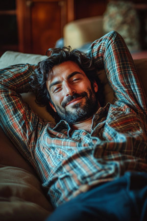 A middle-aged Arabian man with wavy dark hair and a beard reclines on a soft couch, hands behind his head, smiling peacefully. The cozy home setting enhances his sense of comfort and tranquility.の素材