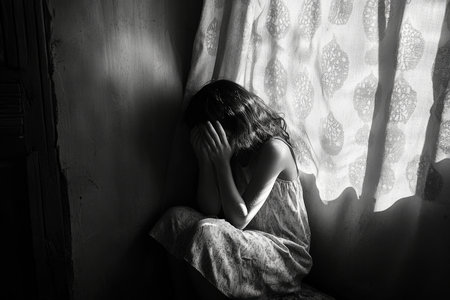 A young girl sits curled up in the corner of her room, hands covering her face in deep sadness. The room is cast in soft shadows, highlighting her feelings of frustration and depression due to bullying at school.の素材