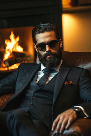 Reclined in a rich brown leather chair, a man with a well-groomed beard and stylish sunglasses wears a sharp suit. The sophisticated ambiance, complete with a modern fireplace and moody lighting, complements his confident demeanor.の素材