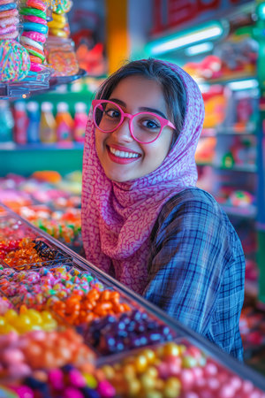A cheerful Arabian woman wearing pink glasses and a plaid shirt beams with joy as she stands surrounded by colorful sweets in a candy store, the rainbow of candies enhancing the lively and playful atmosphere.の素材