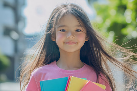 A young Japanese girl with long flowing hair, dressed in a pink t-shirt, carries colorful notebooks while standing proudly outside her school. Her face beams with enthusiasm as she prepares for a day of learning.の素材