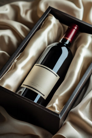 A premium bottle of red wine, nestled in a luxurious satin-lined gift box, with a ribbon around the outside. The open lid reveals the elegant bottle inside, perfect for gifting to wine enthusiasts.の素材
