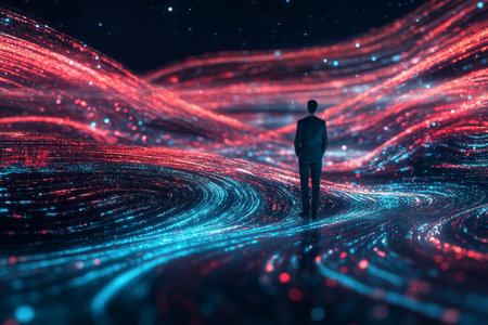 A business professional stands confidently amidst swirling holographic global data flows on a sleek black background. The scene represents their role in navigating the complexities of international digital networks with ease.の素材