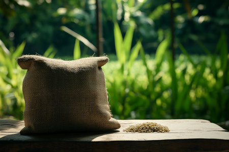 This charming composition features a sack of rice resting on a rustic wooden table, with the blurred outlines of a lush rice garden behind it. The scene encapsulates the beauty of agriculture, celebrating the simplicity and nourishment that rice brings to our lives.の素材