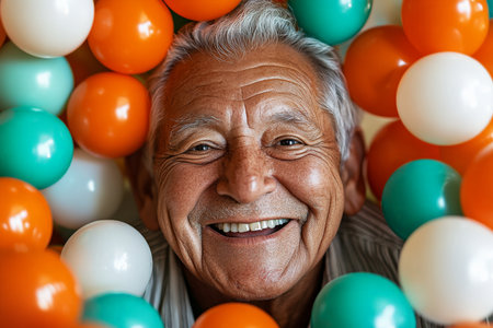 A cheerful elderly Hispanic man is surrounded by a playful mix of turquoise, orange, and white balls, smiling widely. His face lights up with pure joy, immersed in the happy atmosphere created by the vibrant colors.の素材