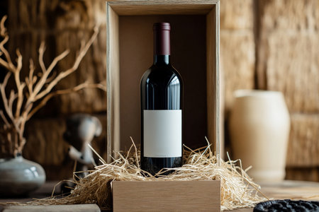 A minimalist gift box with a single bottle of red wine inside, surrounded by delicate straw packing. The label is visible through the transparent lid, offering an elegant and sophisticated wine gift presentation.の素材