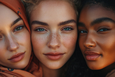 A close-up portrait of diverse women standing together, each with soft, warm smiles. The lighting is gentle, casting a warm glow on their faces, highlighting unity and diversity in a friendly and supportive atmosphere.の素材