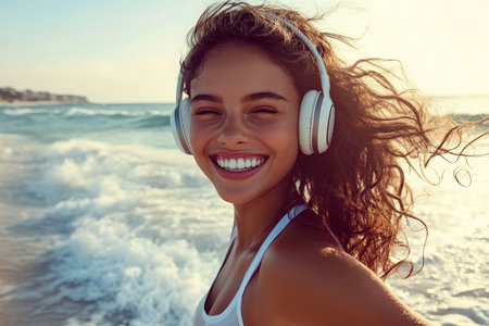 A cheerful young Brazilian woman enjoys a sunny day at the beach, headphones on, lost in the beats of her favorite songs. With a bright smile and carefree spirit, she dances playfully along the shoreline, the ocean waves crashing beside her.の素材