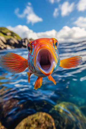 A colorful fish with its mouth wide open leaps above a rocky shoreline. The sunlight glimmers off the surface of the water, making the fishÃ¢â¬â¢s vibrant colors stand out against the calm blue waves.の素材