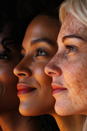 A close-up shot of women of different ages and ethnicities standing together, smiling softly. Warm lighting adds a comforting glow to their faces, emphasizing the beauty of diversity and togetherness.の素材