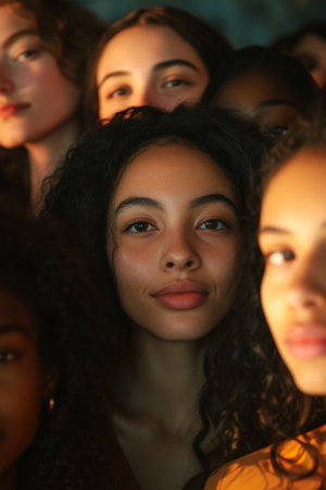 A group of diverse women stands in close proximity, their faces lit by soft, warm light. Their smiles convey a quiet strength and warmth, representing unity in diversity.の素材