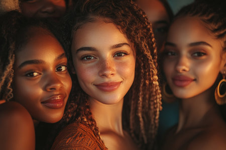 A tight-knit group of diverse women standing together, their smiles soft and genuine, with warm lighting highlighting their faces. The close-up captures the harmony and shared strength in their diversity.の素材