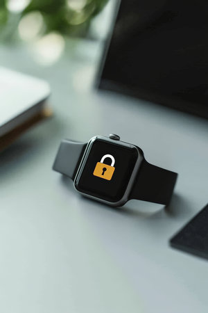 A close-up of a smartwatch screen displaying a lock icon, sitting on a clean and minimal desk. The workspace includes a sleek laptop and a notebook, highlighting the balance of modern technology and security.の素材