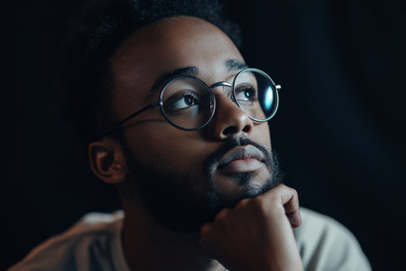 A young African American man with round glasses and a beard thoughtfully gazes into the distance, his chin resting on his hand. The dark backdrop enhances the mood of contemplation.の素材