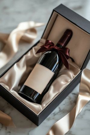 A premium bottle of red wine, nestled in a luxurious satin-lined gift box, with a ribbon around the outside. The open lid reveals the elegant bottle inside, perfect for gifting to wine enthusiasts.の素材
