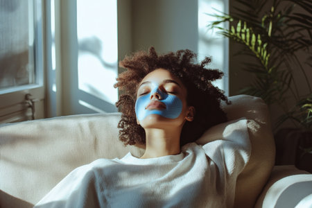 Relaxing on a soft, cream-colored couch, a young woman with a blue skincare mask on her face closes her eyes, embracing the tranquility of her cozy living room. Natural sunlight streams in, casting a warm glow on her peaceful surroundings.の素材