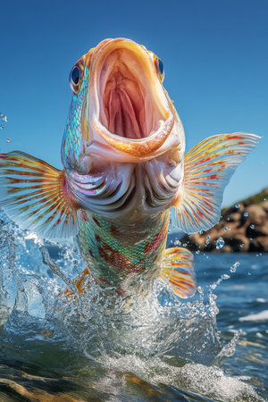 A fish bursts from the water with its mouth wide open, the sunlight highlighting its multicolored scales. The rocky shoreline in the background contrasts with the waterÃ¢â¬â¢s deep hues, making the scene lively.の素材