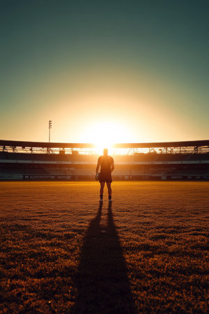 In this captivating scene, a rugby league player stands alone on an empty field, ball in hand, as the sun sets behind the stadium. The soft golden light enhances the playerÃ¢â¬â¢s intensity and passion, embodying the heart of rugby league.の素材