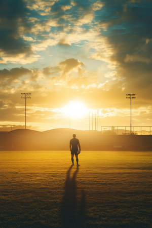 In this captivating scene, a rugby league player stands alone on an empty field, ball in hand, as the sun sets behind the stadium. The soft golden light enhances the playerÃ¢â¬â¢s intensity and passion, embodying the heart of rugby league.の素材