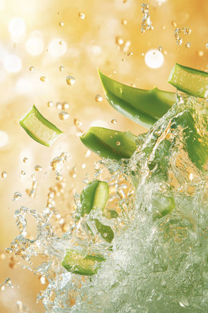 In this energetic composition, vibrant aloe vera pieces burst through a sparkling splash of water, creating a sense of motion and vitality. The droplets glisten like jewels, enhancing the freshness and appeal of this natural ingredient, perfect for a health-focused theme.の素材