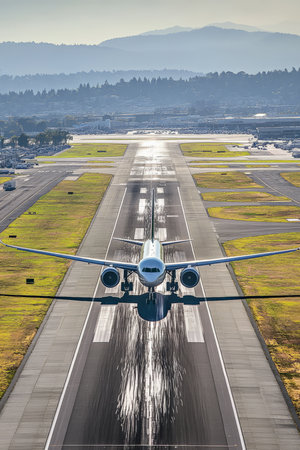 In this stunning composition, a passenger plane is captured in the final stages of landing on a well-maintained runway. The aircraftÃ¢â¬â¢s sleek design is highlighted by the bright sunlight, with the airportÃ¢â¬â¢s vibrant landscape forming an inviting backdrop for the arriving flight.の素材
