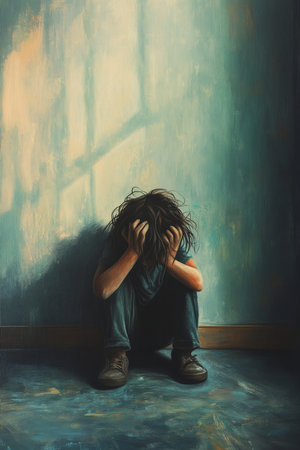 A child with disheveled hair sits in the corner of their room, their head in their hands. The empty space around them echoes the loneliness and stress caused by school bullying. The scene conveys deep frustration.の素材