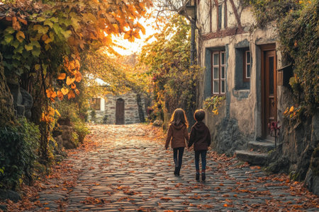 A pair of children stroll together along a picturesque cobblestone path, vibrant leaves crunching beneath their feet. The warm glow of the setting sun creates a cozy atmosphere, capturing the essence of a perfect autumn day.の素材