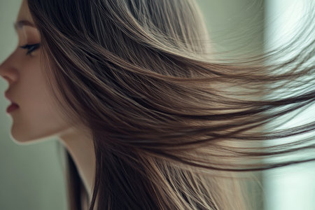 A young adult Japanese female model, seen from behind, with long, flowing straight hair. The shiny strands dance in the wind, creating a captivating and dynamic motion.の素材