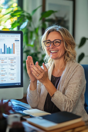 A middle-aged Caucasian businesswoman claps her hands in excitement, sitting at her desk, with a computer screen displaying soaring e-commerce sales charts. Her expression reflects the digital success she's achieved.の素材