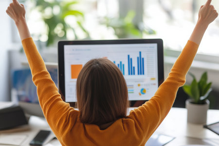 A joyful businesswoman celebrates with arms raised as she sees her e-commerce platform s growth metrics on a tablet. The sleek office setting and vibrant digital charts symbolize her online business success and growth.の素材