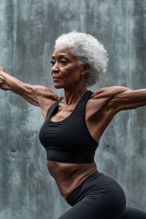 A African American female athlete mid-dance, her toned abs flexed as she senior performs an energetic move. Her strength and vitality shine through in every movement.の素材