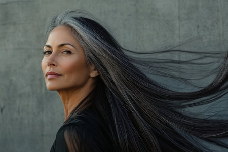 A middle-aged Brazilian female model with long, shiny straight hair flowing gracefully in motion. The natural flow and shine of her hair create a soft, elegant scene.の素材