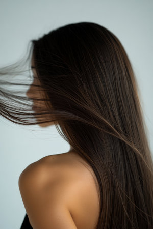 A young adult Hispanic female model, seen from behind, with glossy, straight hair in motion. The wind lifts her hair gently, making it shimmer under the bright studio lights.の素材