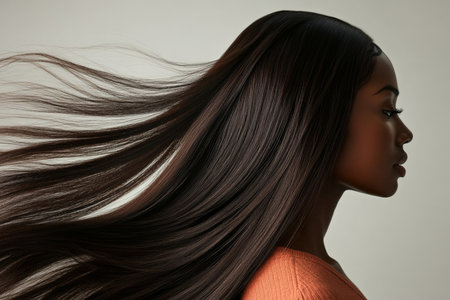 A senior African American female model with long, straight, shiny hair flowing gracefully behind her as she moves. The smooth texture of her hair captures the light, adding brilliance to the scene.の素材
