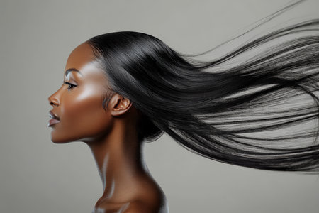 A middle-aged African American female model, her straight hair cascading down her back in smooth, shiny strands. The natural flow of her hair in motion adds elegance and power to her silhouette.の素材