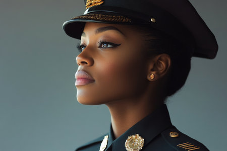 A young Black female soldier in a formal military portrait, her eyes full of pride. Her uniform is pristine, with medals reflecting her achievements and dedication to her country.の素材