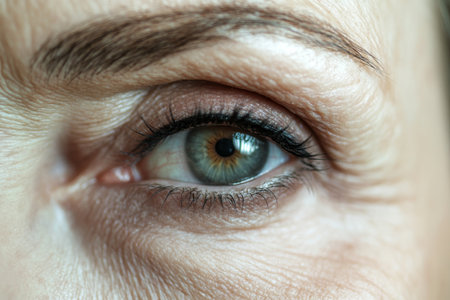 A middle-aged Caucasian woman eye with a well-groomed eyebrow, shaped with a pencil for a sharp, clean finish. The modern styling enhances her elegant, fashionable look.の素材