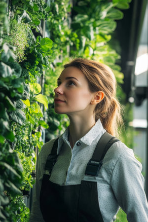 A senior Caucasian female agriculture engineer, inspecting a vertical farming operation with automated systems, ensuring optimal growth and sustainability through technology integration.の素材